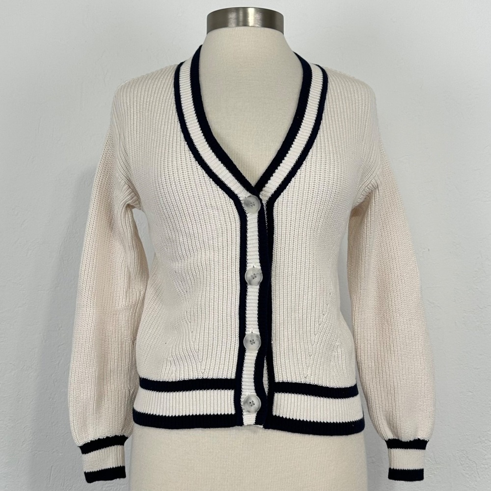 Womens Preppy Tennis Varsity Cardigan Size Small Cream Cotton Knit Button V-Neck